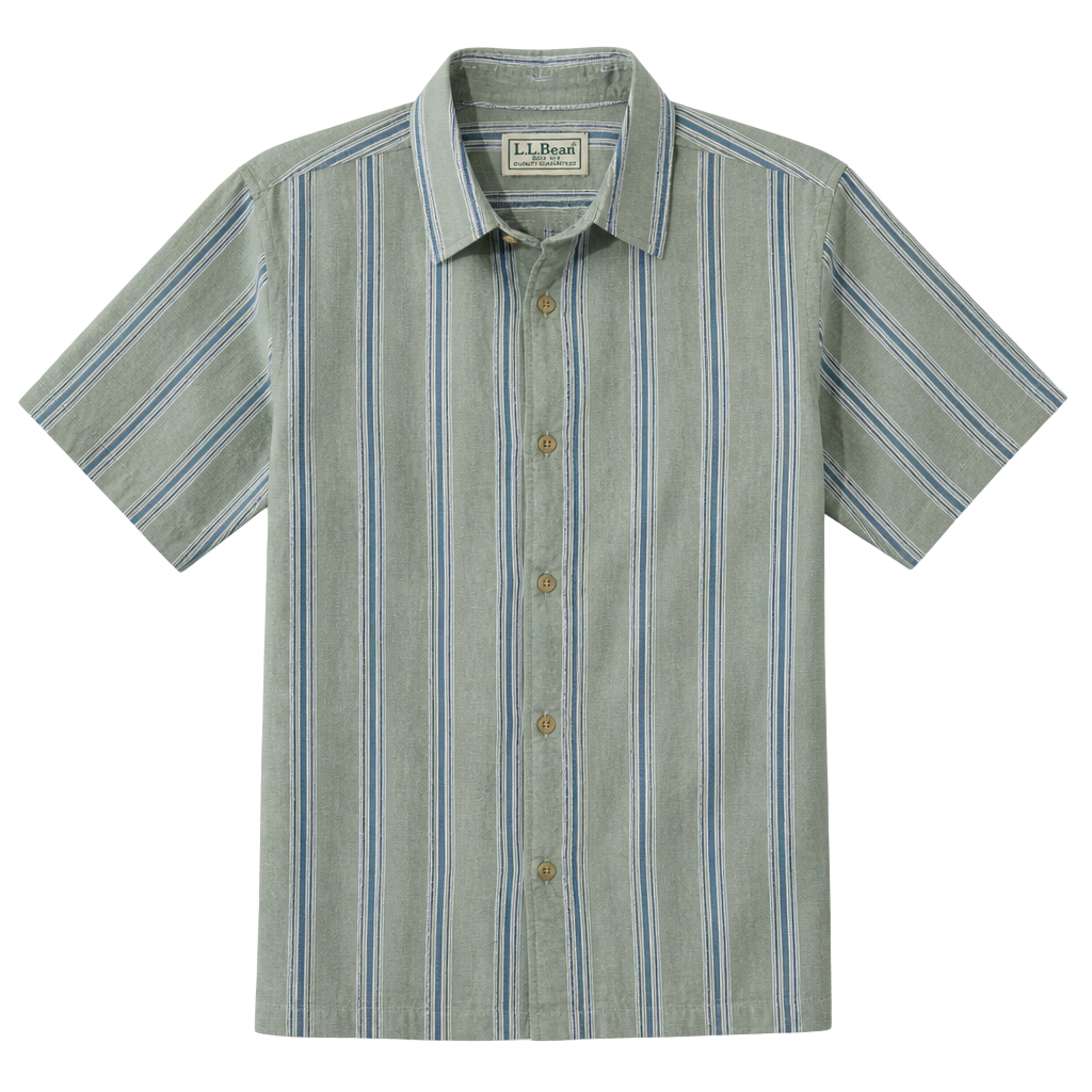 L.L. Bean Men's Seafoam Green and Blue Striped Short-Sleeve Button-Up Shirt Granola Gorpcore Cabin y2k 1