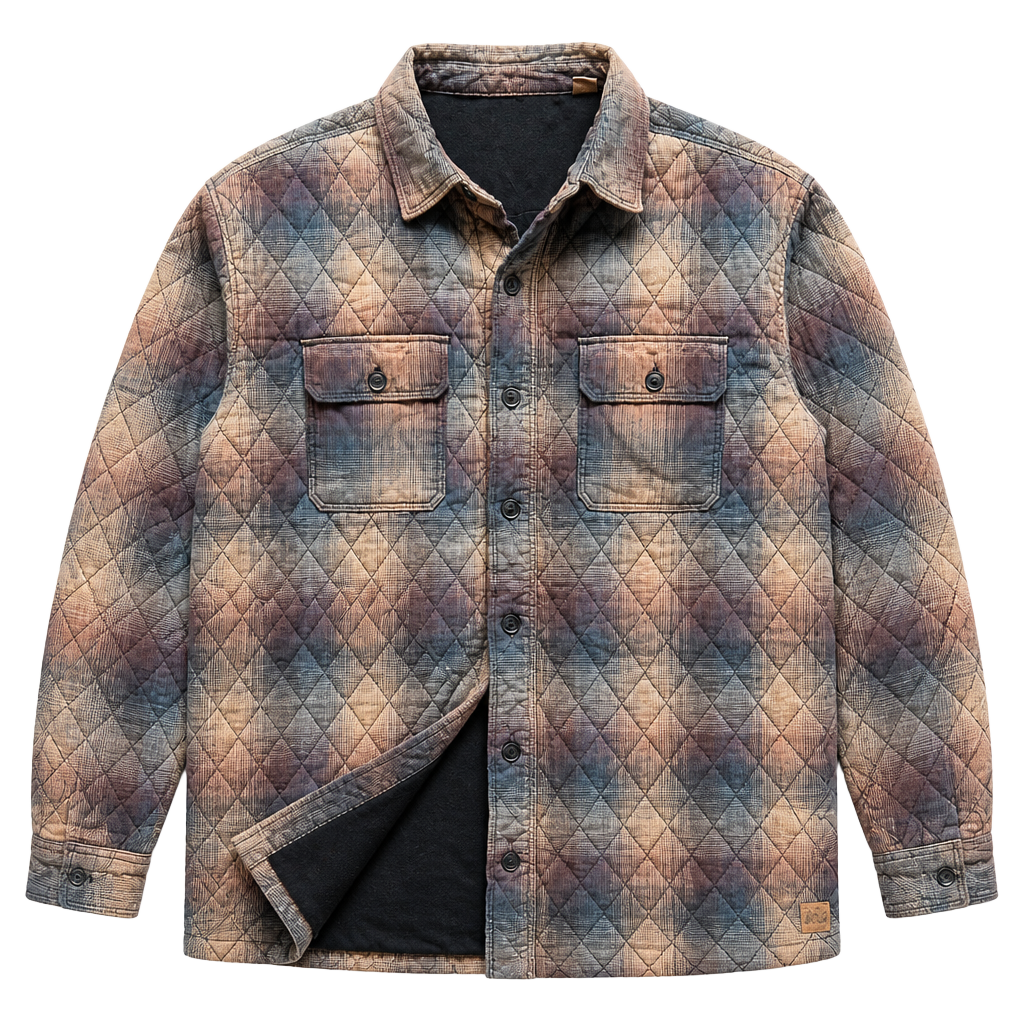 Red Head Quilted Cotton Puffer Flannel Jacket in Plaid Muted Earthtones Granola Cabin Gorpcore Mens Large 1