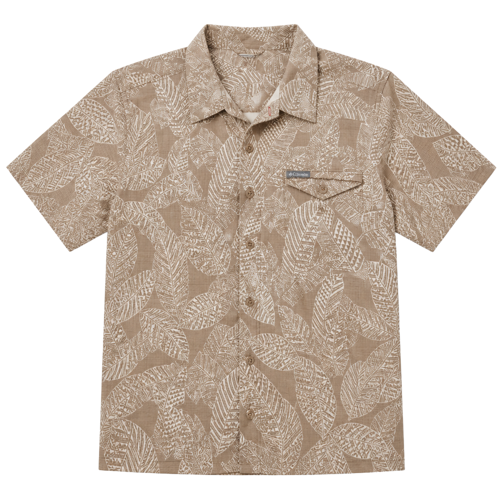 Columbia Men's Brown Tropical Leaf Print Short Sleeve Camp Button-Down Shirt 1