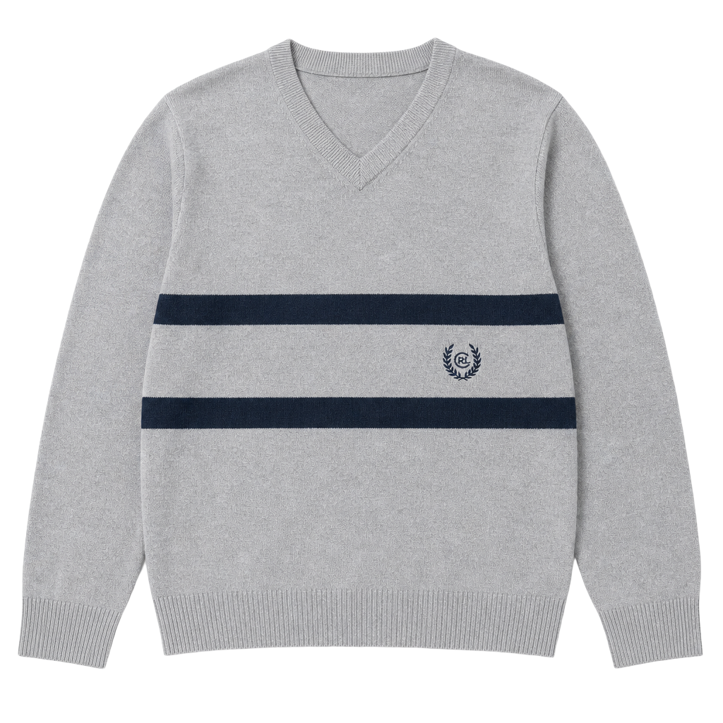 Chaps Polo Ralph Lauren L/XL Mens V-Neck Long Sleeve Knit Y2k Sweater Grey With Navy Stripes 1