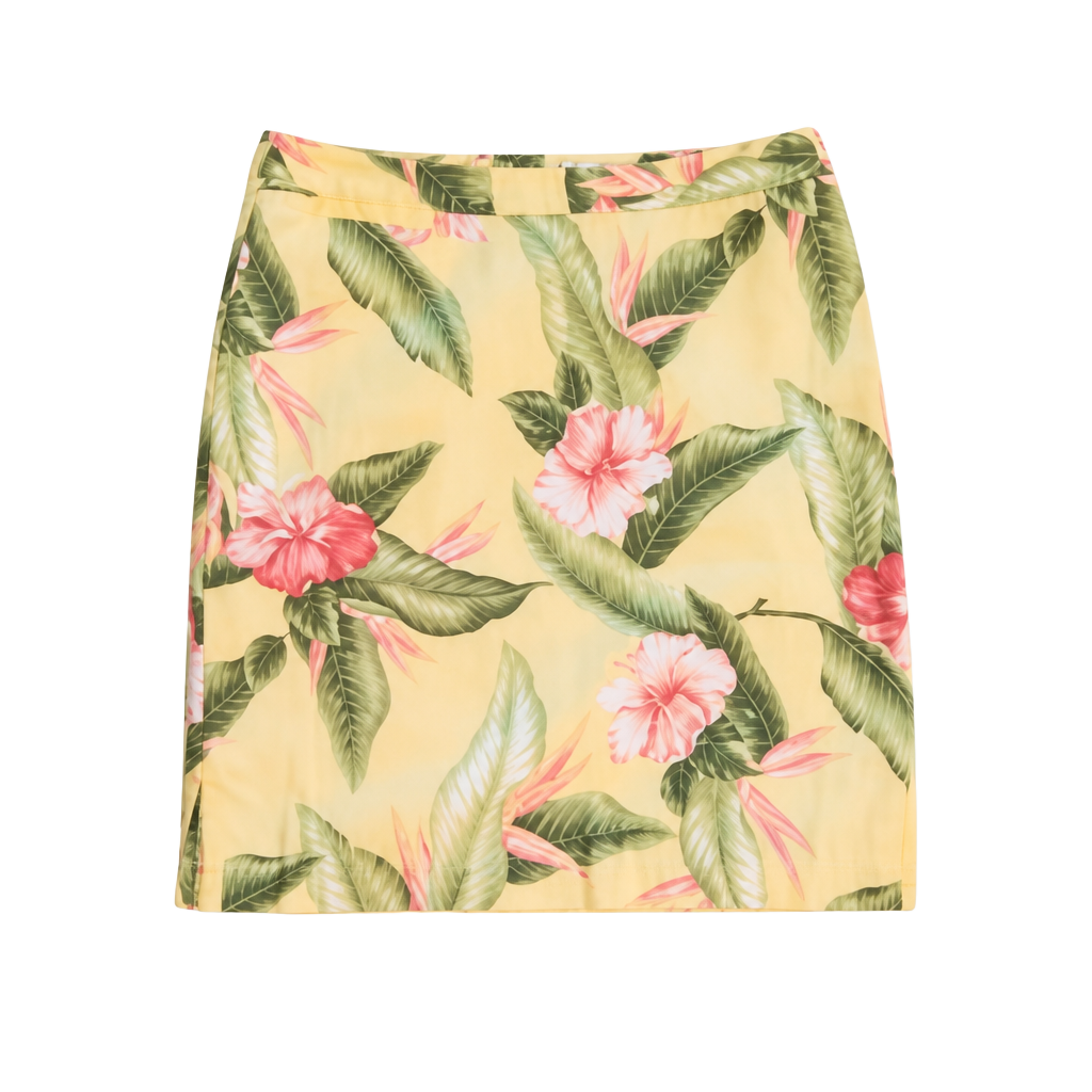 Tommy Bahama Stretch Skirt Size 10 Yellow Tropical Hibiscus Floral Palm Leaf 19" 1