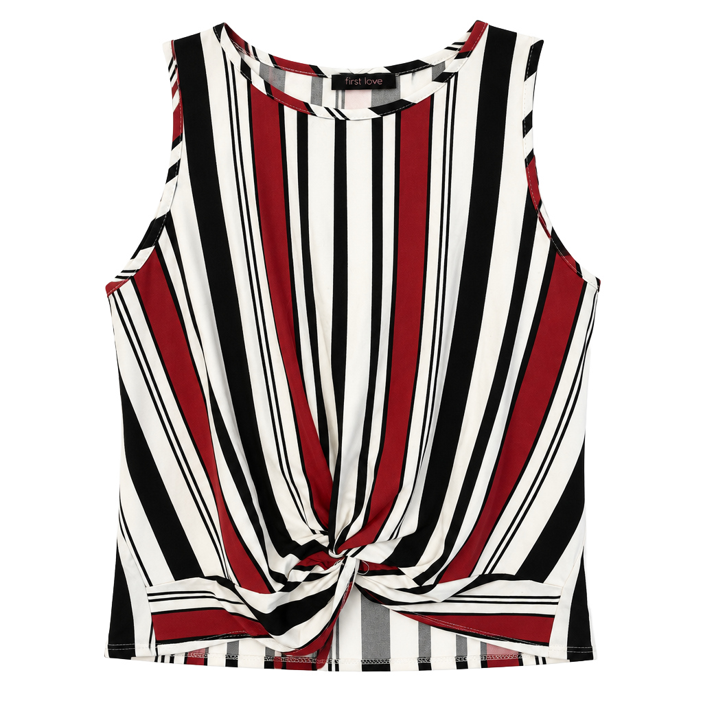 First Love Striped Tank Top Size X-Large Red Black White Twist Front 1