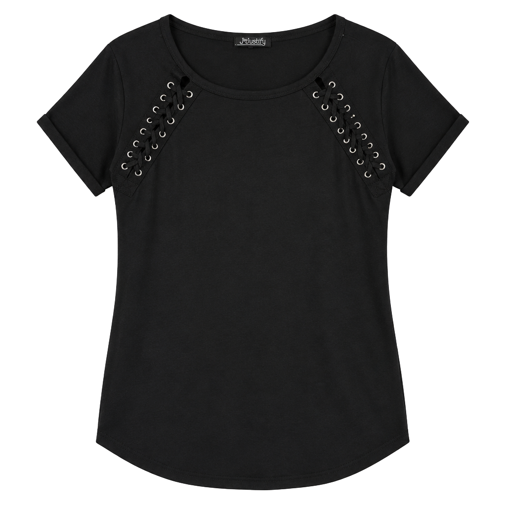 J for Justify Top Size XL Black Grommet Lace Up Shoulders Short Sleeve 1