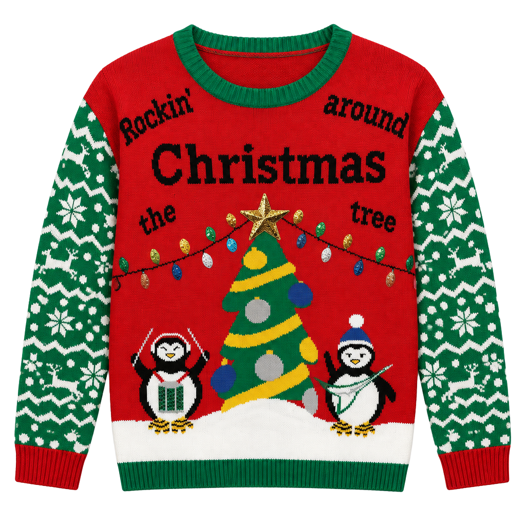 Rockin Around Christmas Tree Ugly Christmas Sweater L Red Green 1