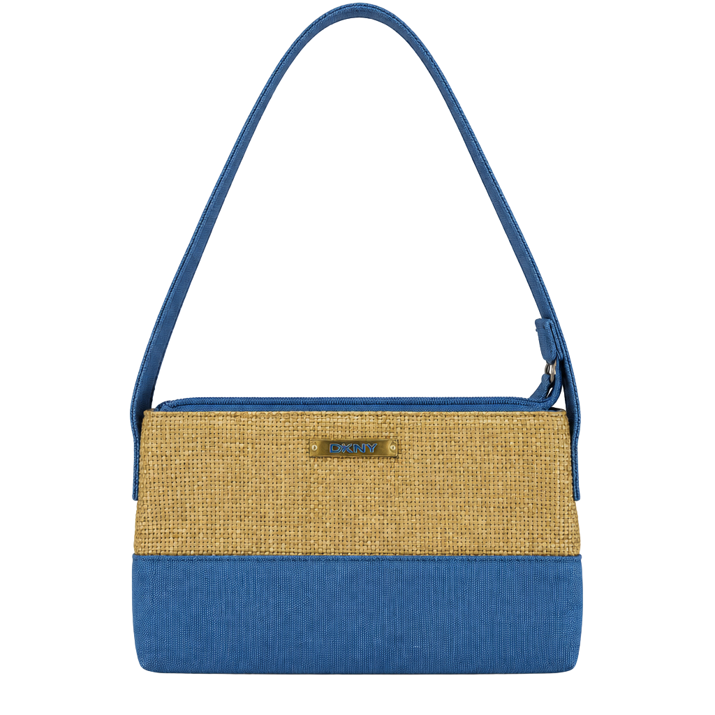 DKNY Straw and Blue Canvas Shoulder Bag Handbag 1