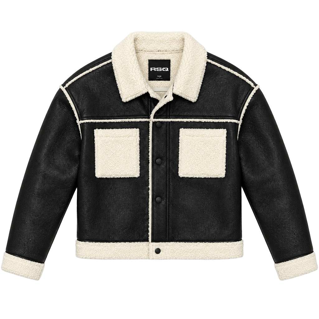 RSQ Faux Leather Sherpa Jacket Size L Black White 1
