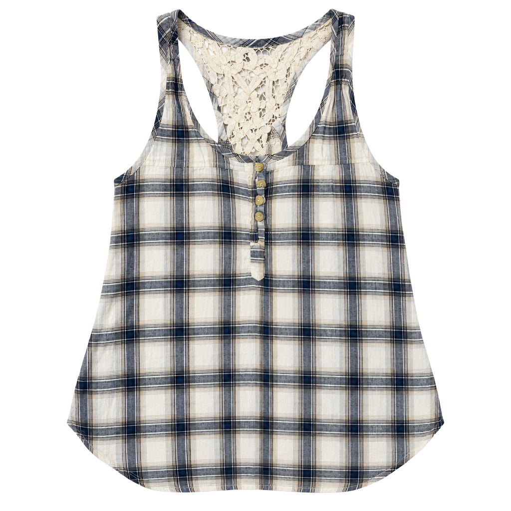 American Eagle Plaid Tank Top Blue White Button Front Crochet Lace Back 1
