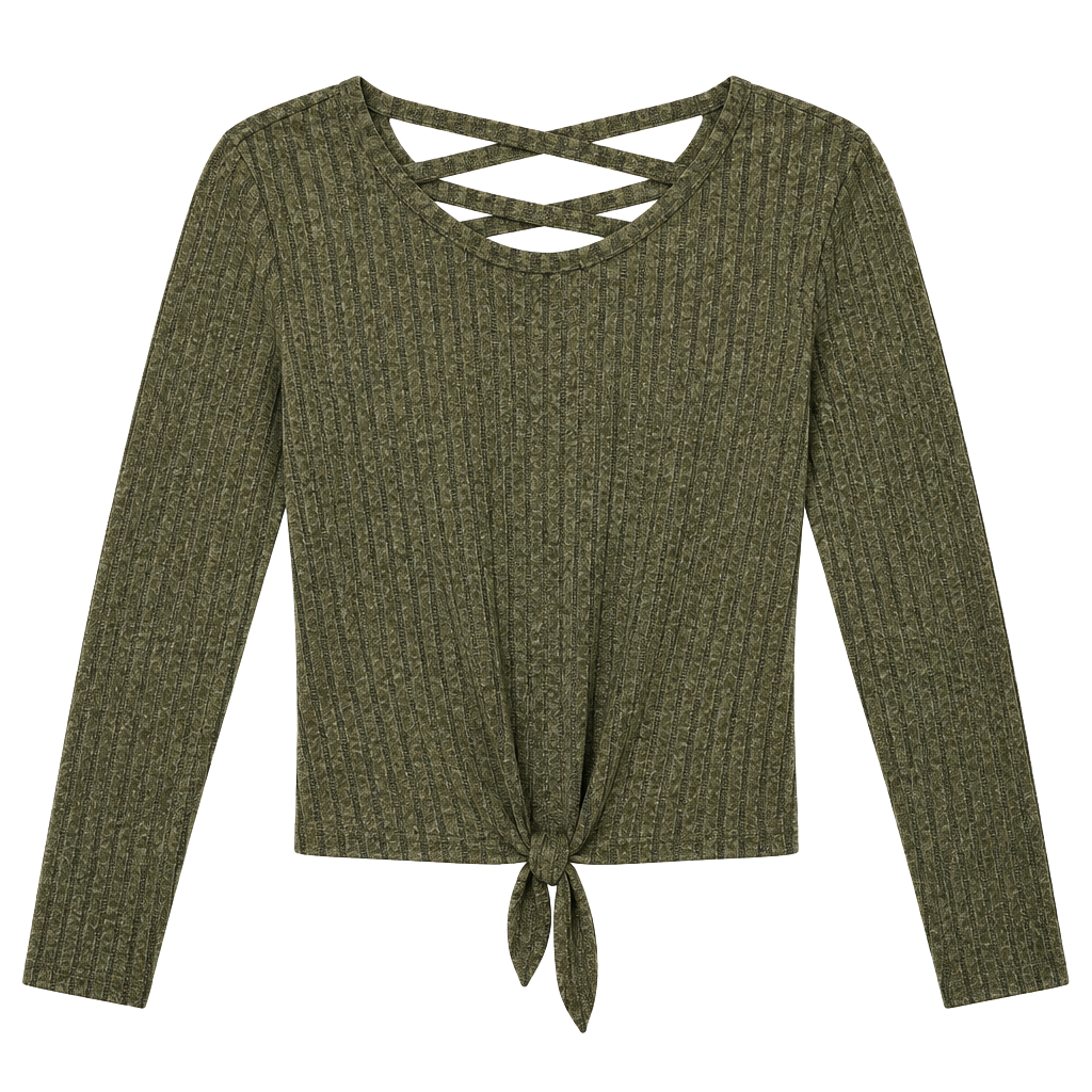 No Boundaries Criss Cross Long Sleeve Top Size XS/XCH (1) Olive Green Ribbed 1
