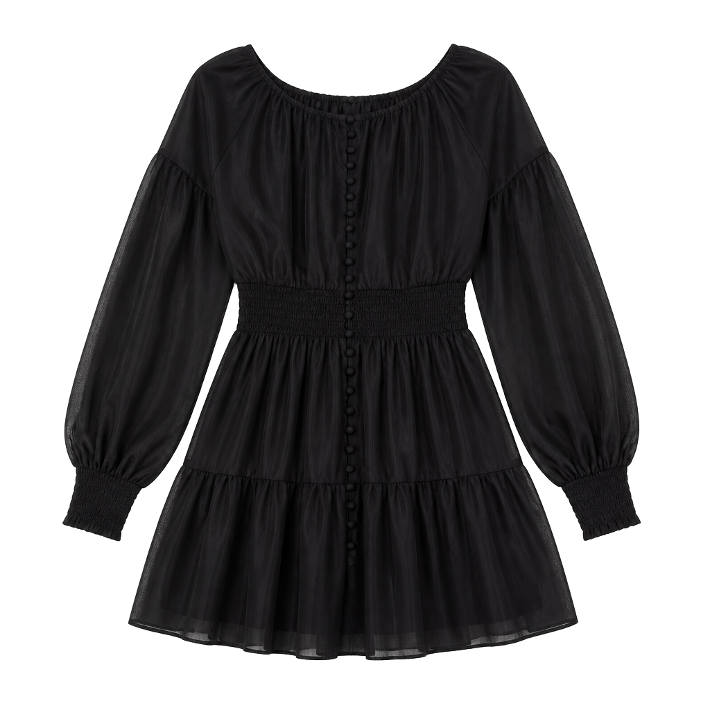 alice + olivia Mini Dress Size 4 Black Silk-Blend Tiered Long Sleeve 1