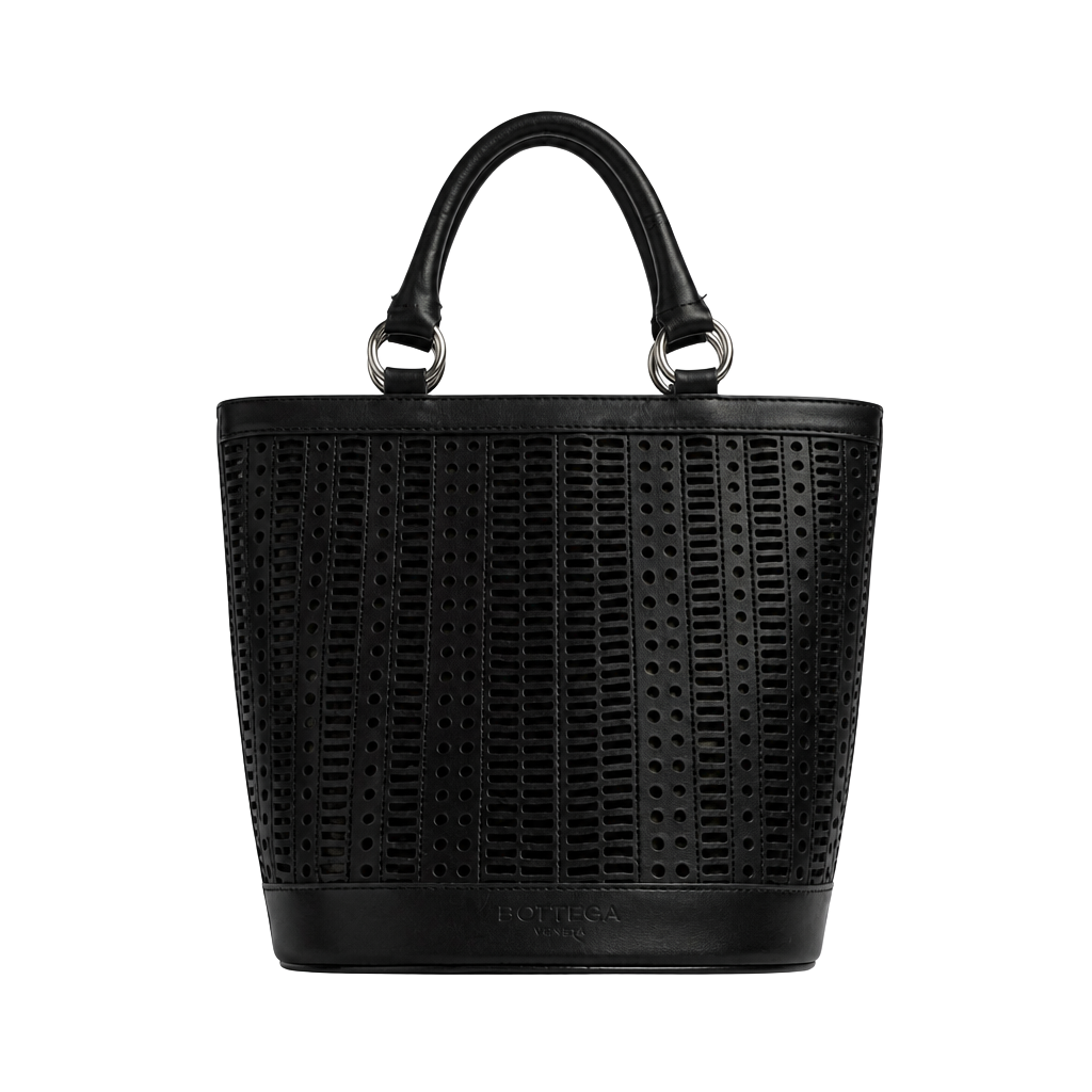 BCBGIRLS Black Laser-Cut Bucket Tote Bag with Removable Pouch 1