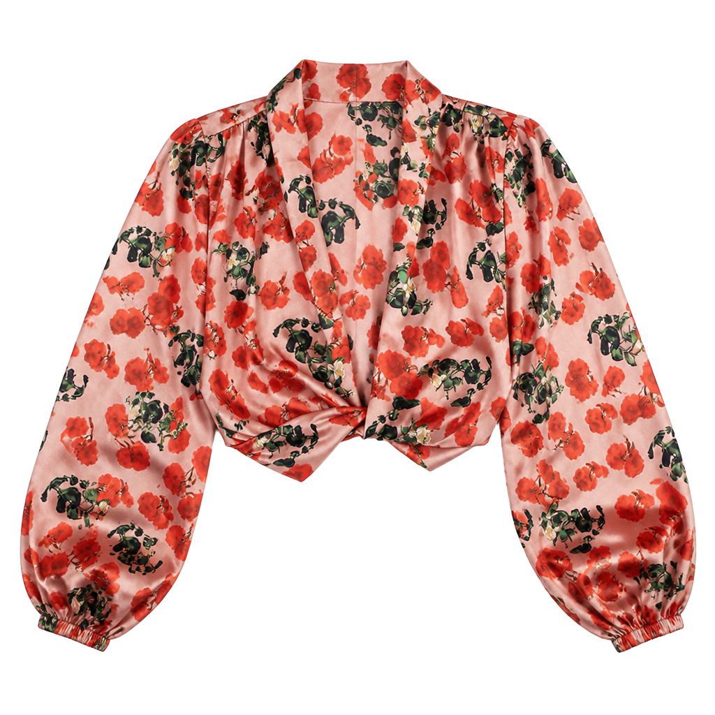 House of CB Monica Rose Print Silk Blouson Top Size M 1