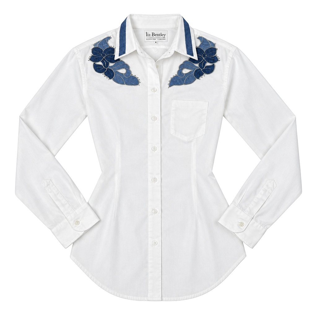 Vintage Liz Bentley Western Button Down Shirt Size M White Blue 1