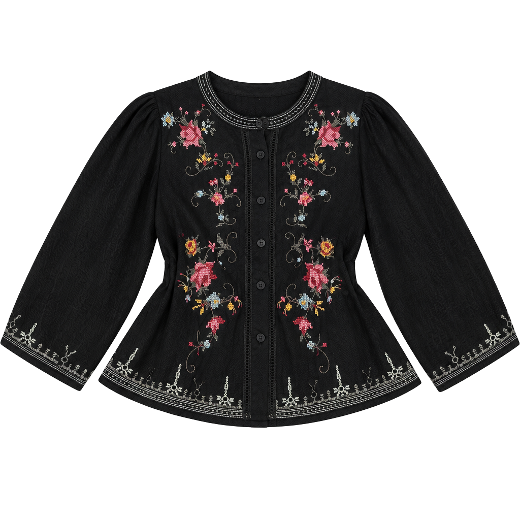 Solitaire Floral Embroidered Blouse Size M Black Linen 1