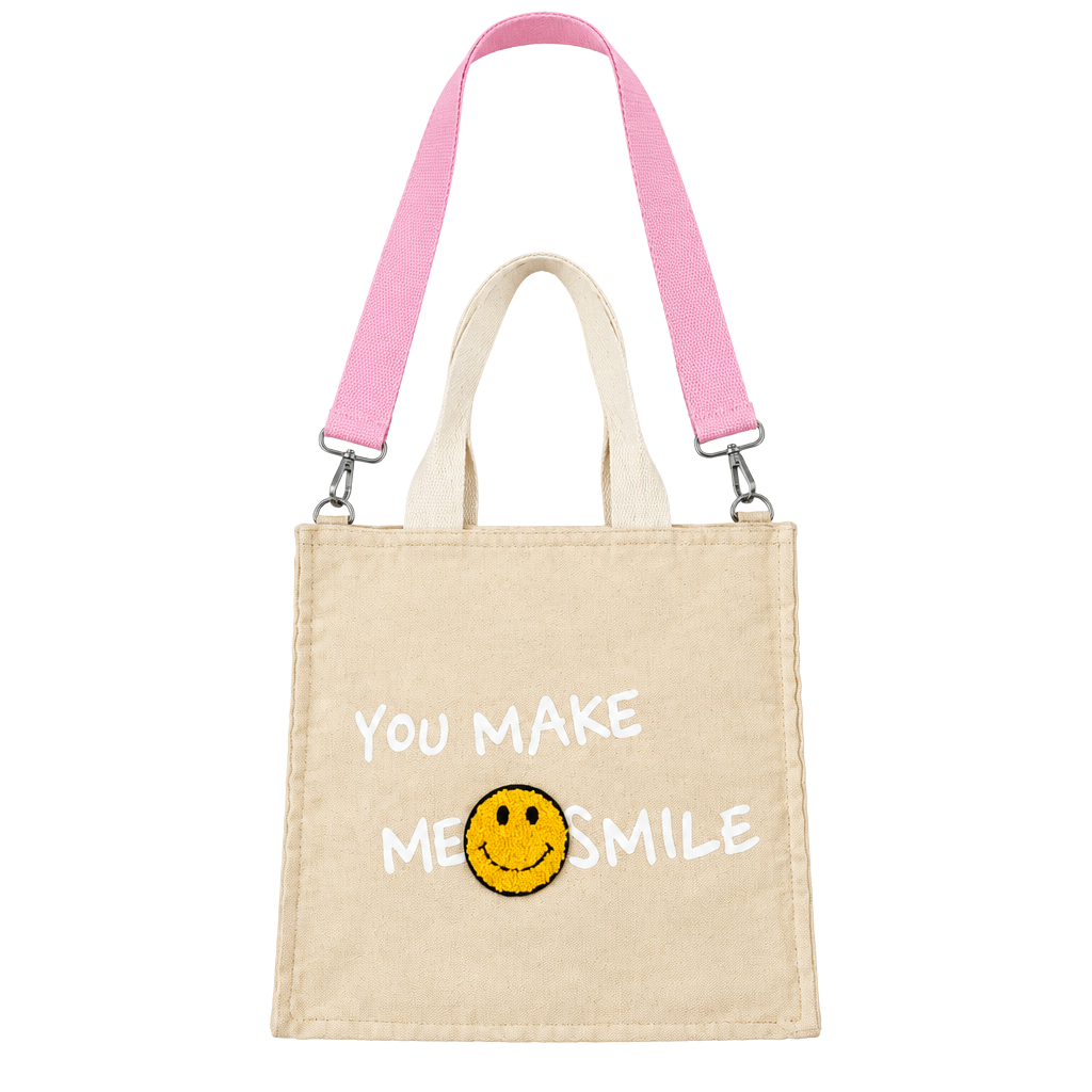 Canvas Tote Bag You Make Me Smile Pink Strap Smiley Patch 1