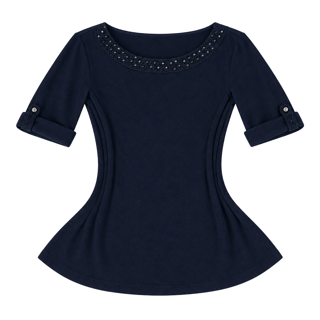 Karen Scott Embellished Neckline 3/4 Sleeve Top Size L Navy 1