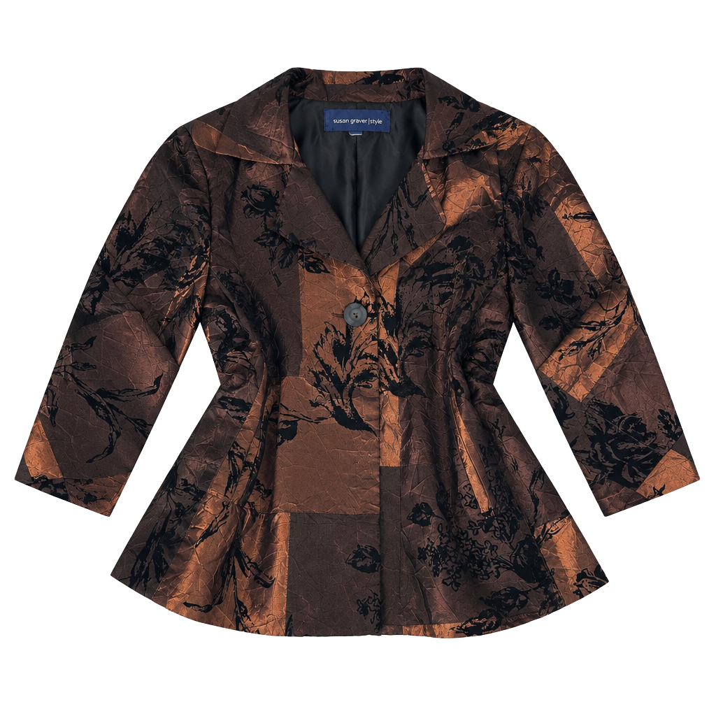 Susan Graver Copper Crinkle Flocked Floral Jacket 1