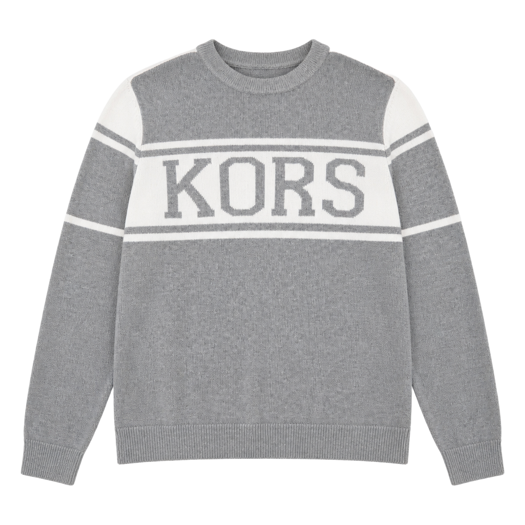 MICHAEL KORS Logo Sweater Size S Gray White Crewneck Pullover 1