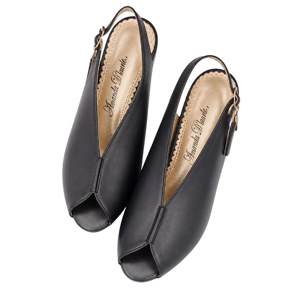 Amanda D'laurie Black Peep Toe Block Heel Slingback Sandals 1