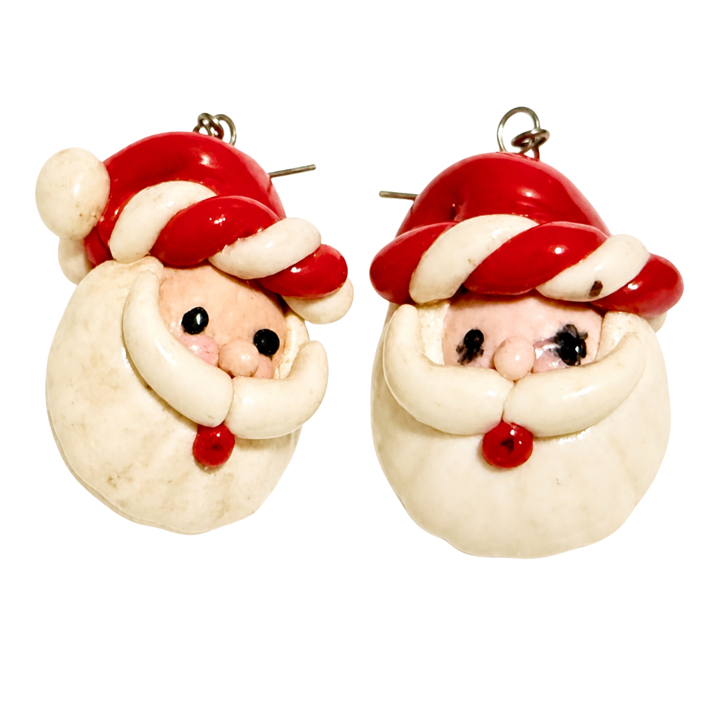 Vintage Handmade Polymer Clay Santa Claus Christmas Dangle Earrings 1