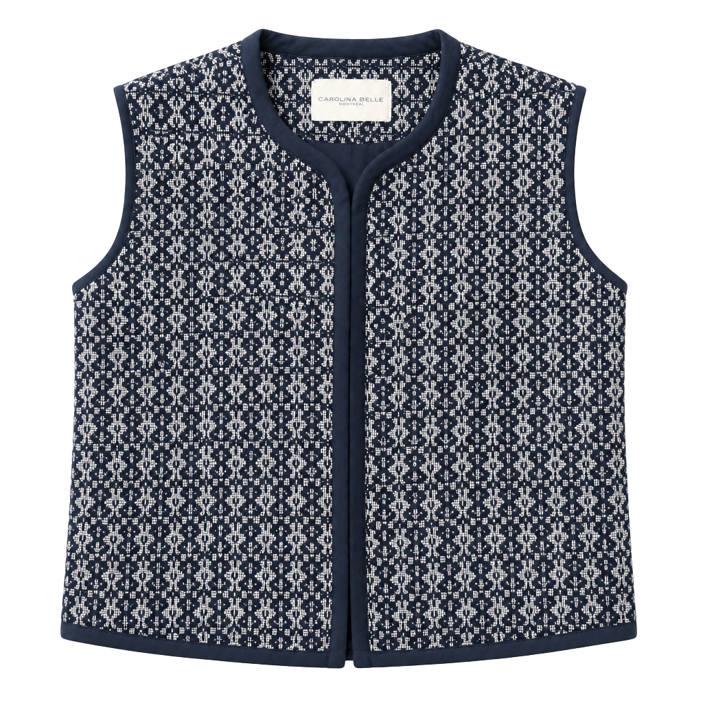 Carolina Belle Montreal Navy and White Geometric Pattern Collarless Open Front Jacket 1