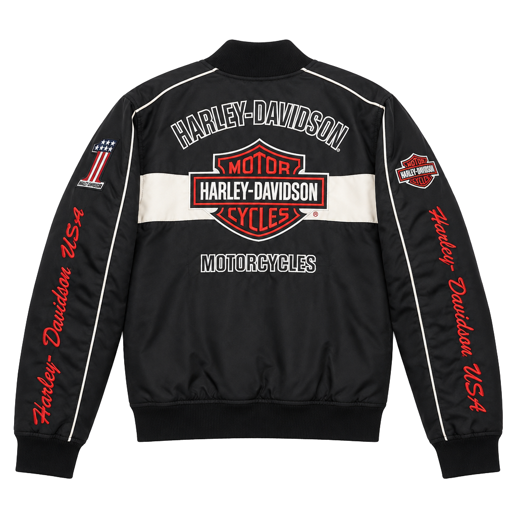 Vintage Harley Davidson Bomber Jacket Size L Black Nylon Embroidered 1