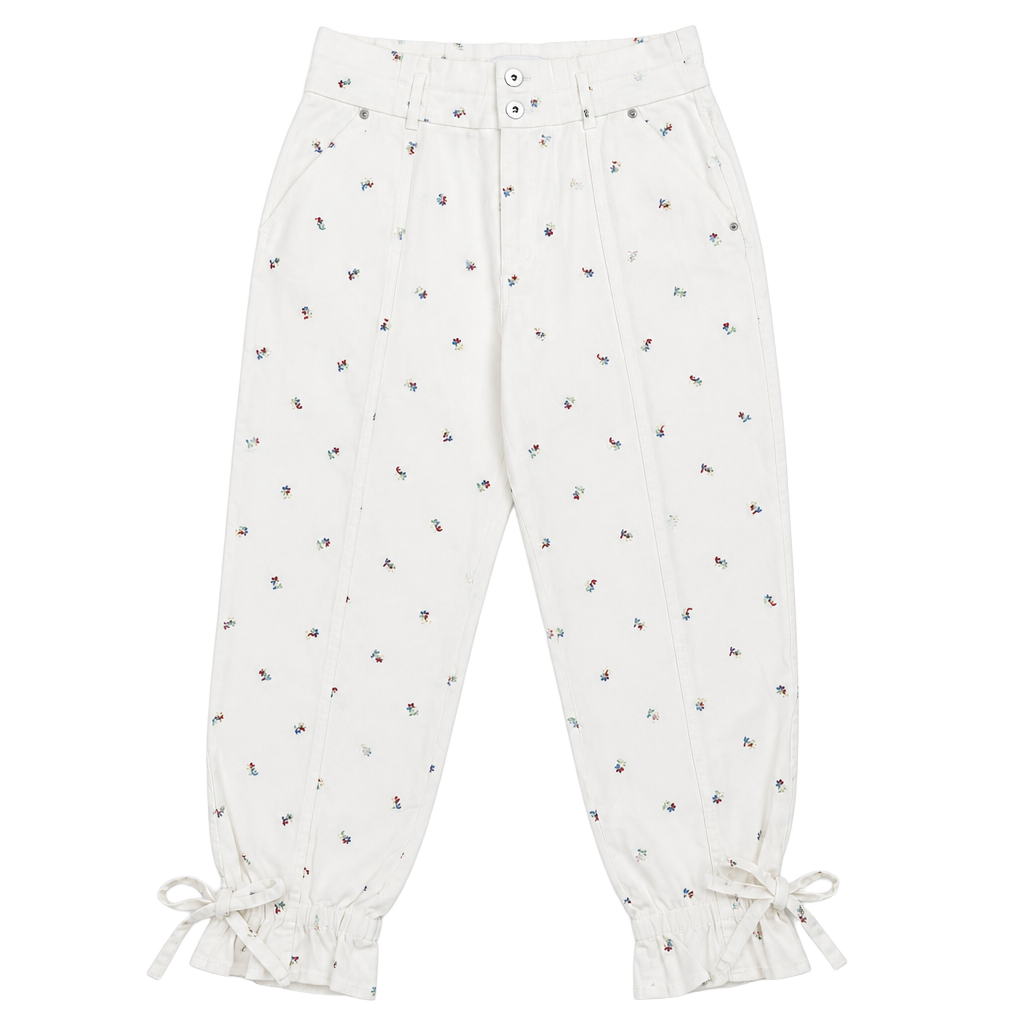 Something Navy Sylvia Denim Pants with Floral Embroidery and Tie Cuffs 1