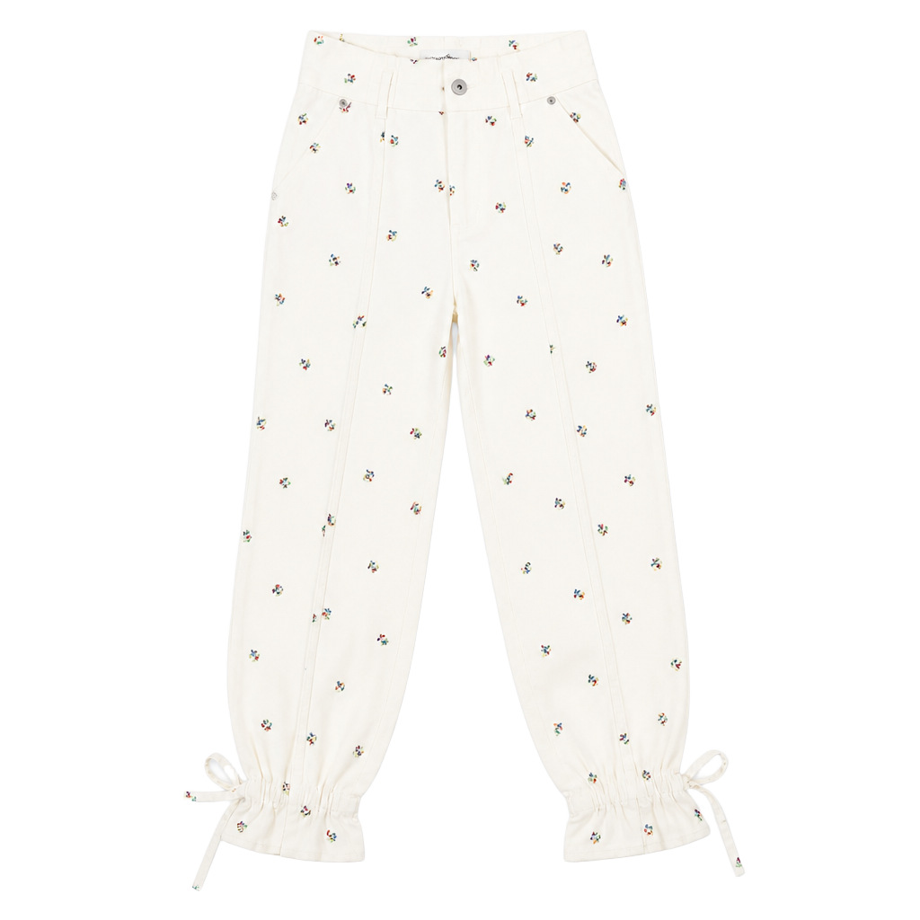 Something Navy Sylvia White Floral Embroidered Denim Pants with Tie Cuffs 1