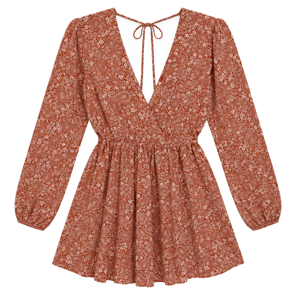Forever 21 Paisley Romper Rust Long Sleeve V-Neck Open Back 1
