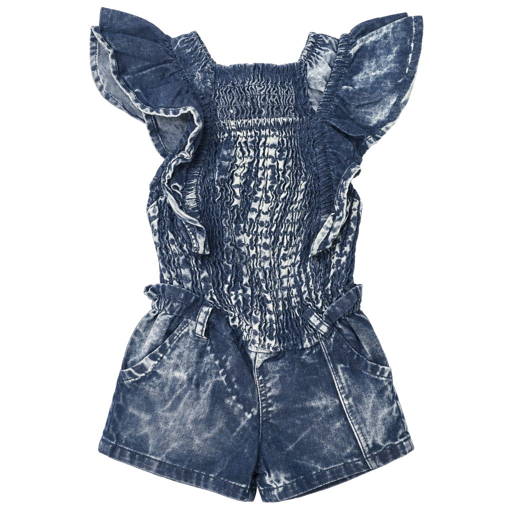 Girls Acid Wash Smocked Denim Flutter Sleeve Romper with Belted Waist Size 12M 1
