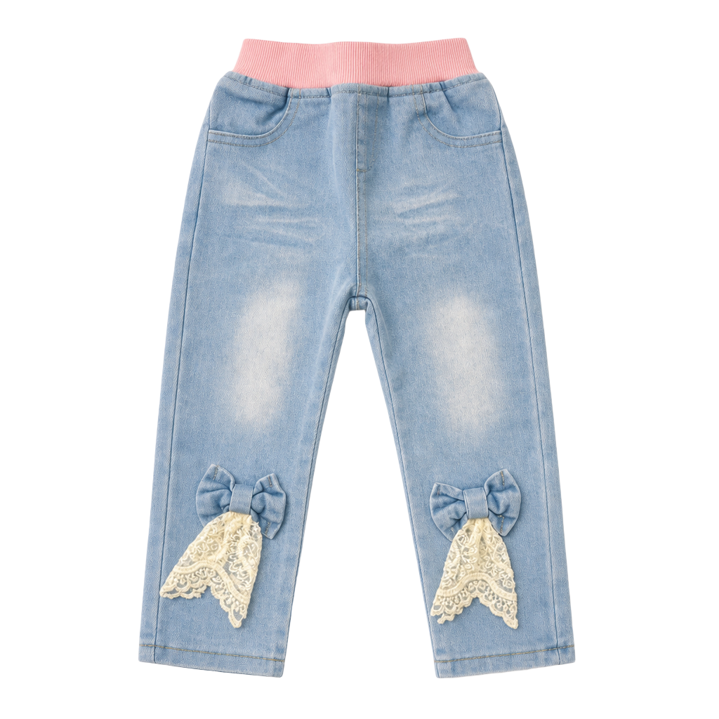 Toddler Girls Light Wash Denim Jeggings with Pink Elastic Waistband and Lace Bow Accents 1