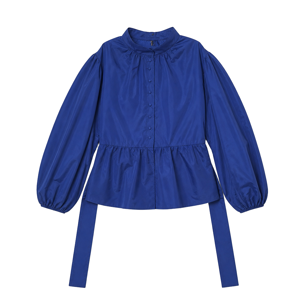 Zara Royal Blue High Neck Long Sleeve Blouse with Tie Waist 1