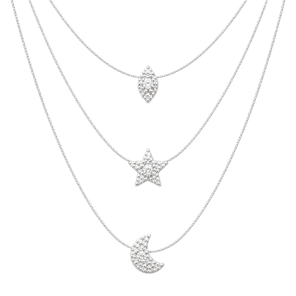 Invisible Floating Line Necklace with CZ Star Moon and Marquise Charms 1
