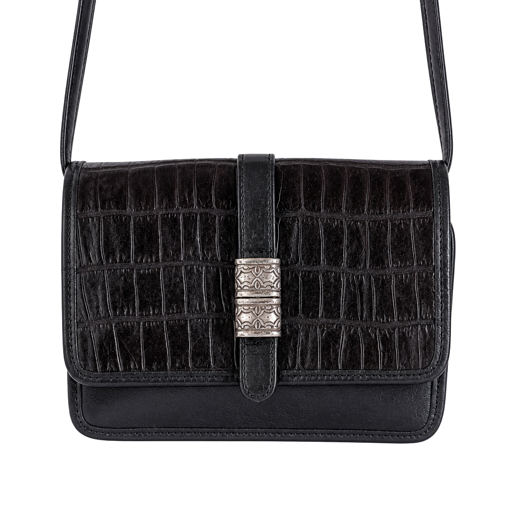 Fossil Black Embossed Croc Leather Crossbody Handbag 1