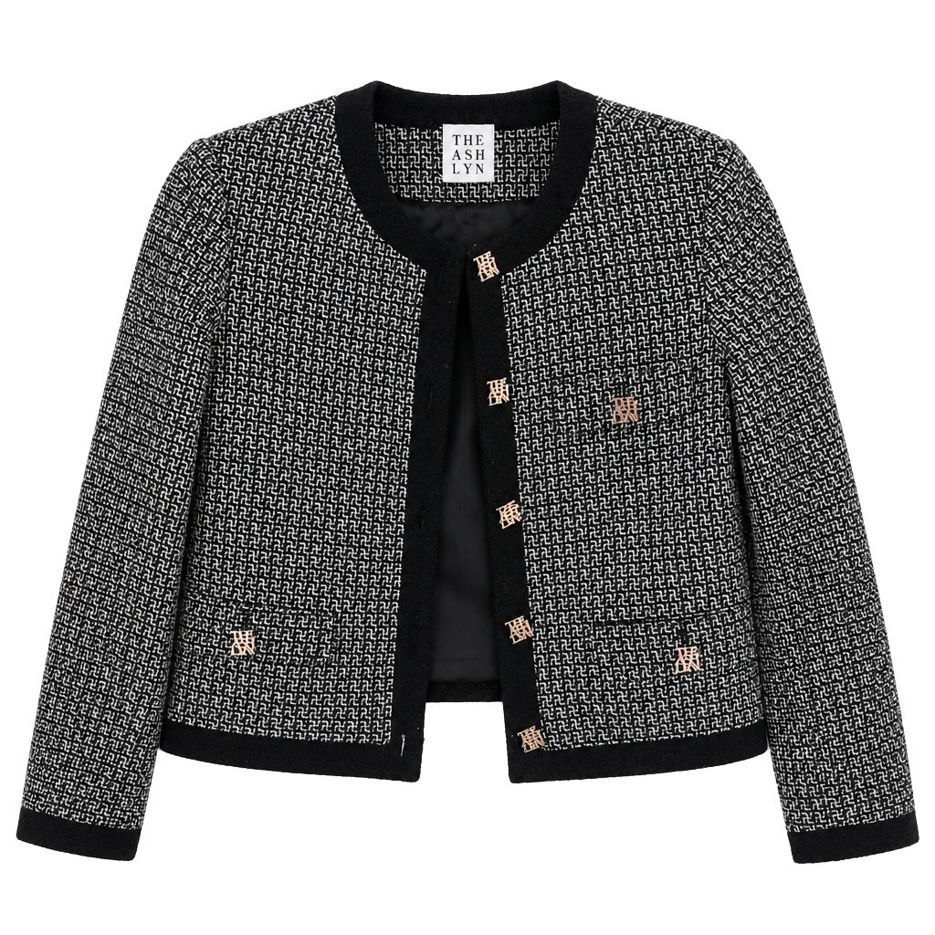 Black White Tweed Cropped Jacket Gold Logo Buttons S/M – The Ashlynn 1