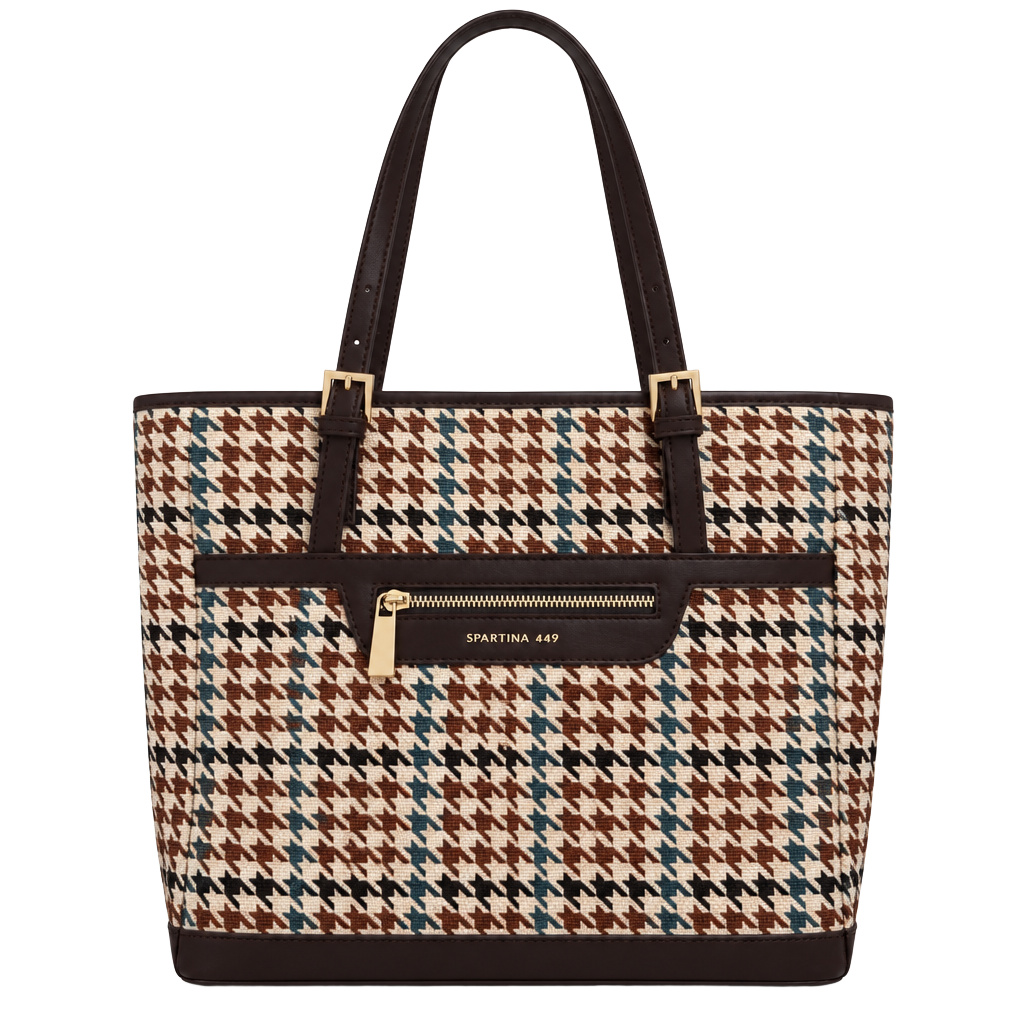 Spartina 449 Houndstooth Tote Bag Brown Leather Shoulder Purse 1