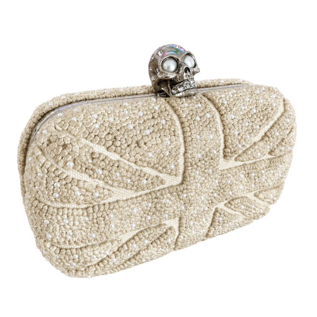 Alexander McQueen Britannia Skull Clutch Bag in Beige Knit with Pearl Embellishments 1