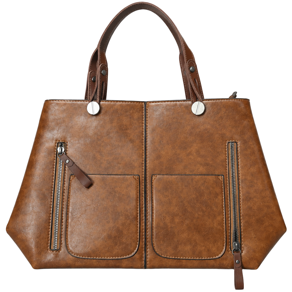 Retro Brown Faux Leather Tote Handbag with Dual Front Pockets 1