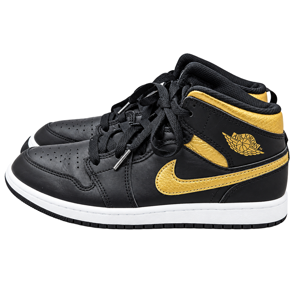Nike Air Jordan 1 Mid Black Metallic Gold Youth Shoes 1