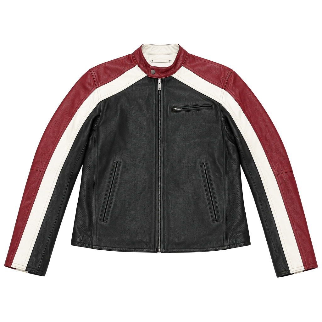 Leather Motorcycle Jacket Black White Red 1