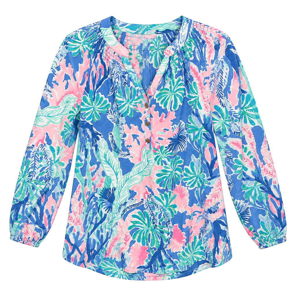 Lilly Pulitzer Silk Blouse Size S Blue Floral Long Sleeve 1