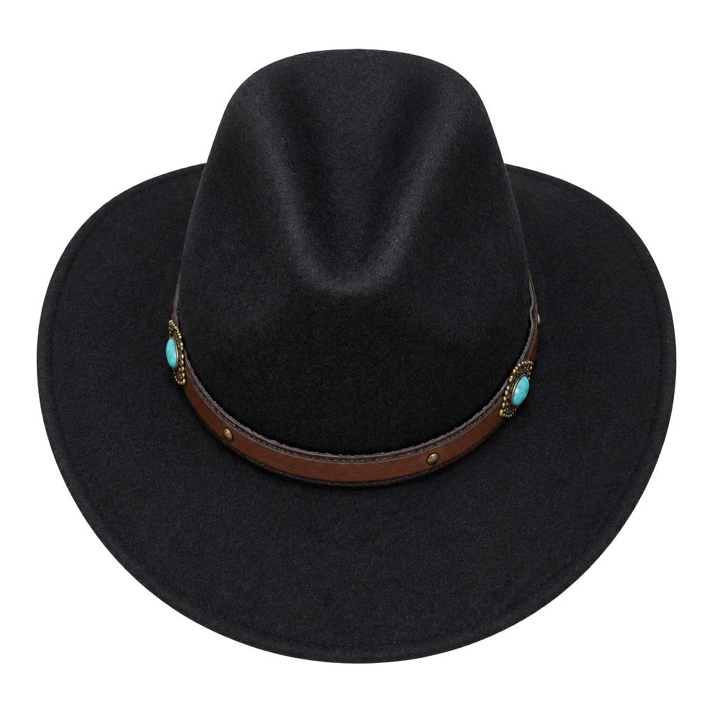 Black Western Fedora Cowboy Hat with Turquoise Concho Band 1