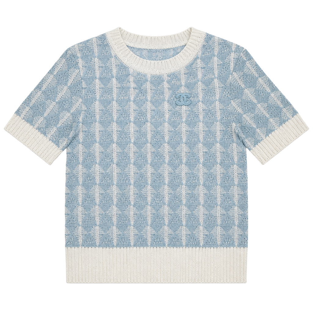 Inspired Knit Short Sleeve Sweater Blue White CC Logo 1