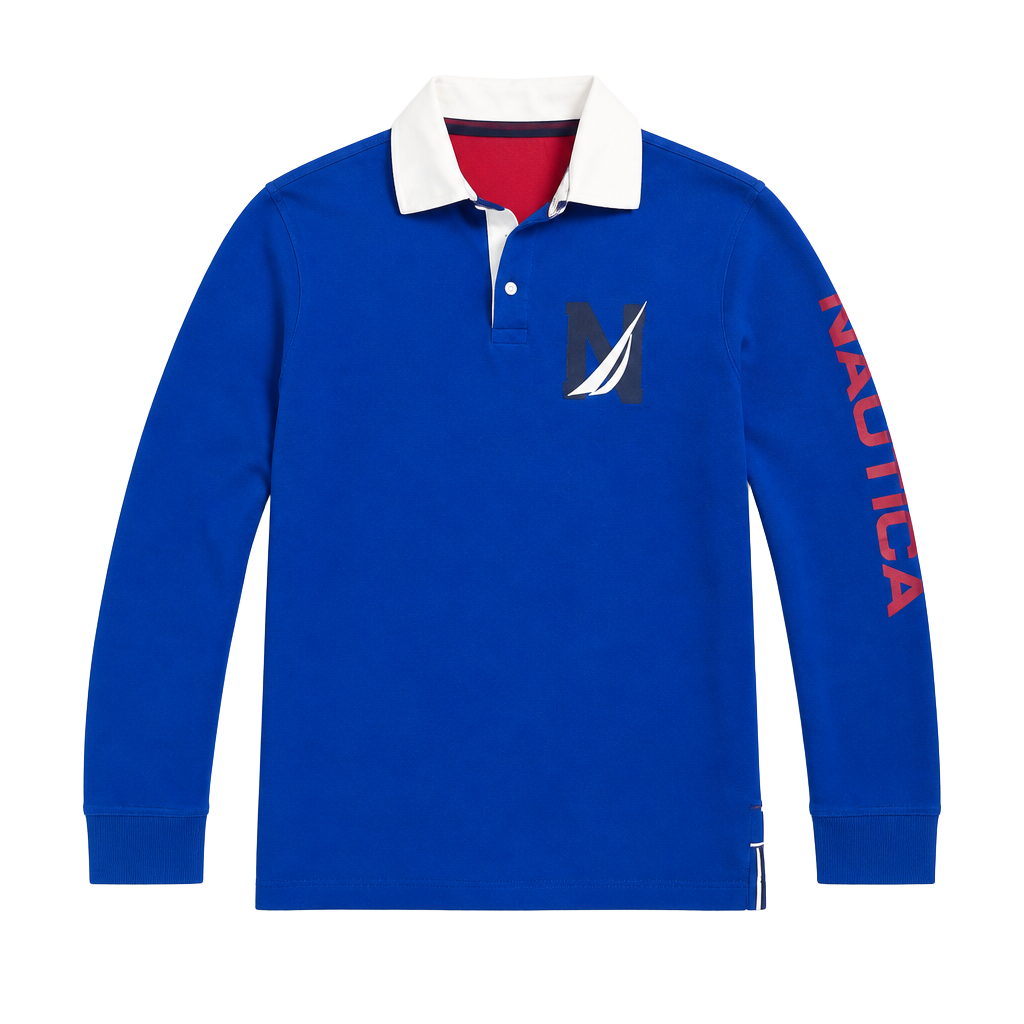 Nautica Men's Long Sleeve Heritage Logo Rugby Polo Shirt - Blue 1