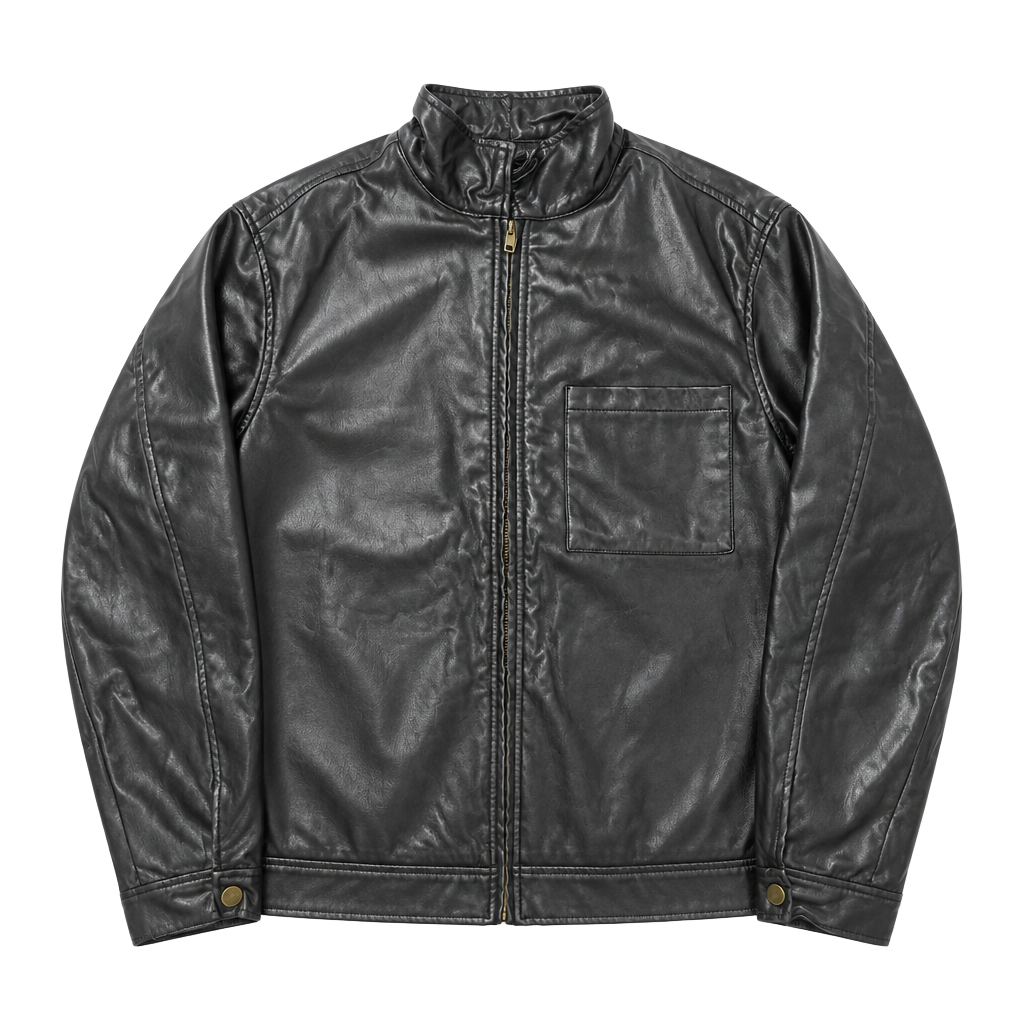 Black Faux Leather Full Zip Jacket With Chest Pocket Size M 1