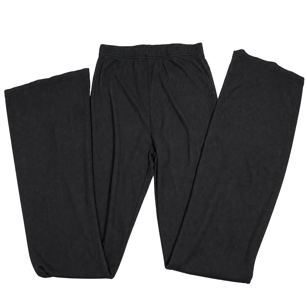 Women's Black Ribbed Knit Elastic Waist Flare Leg Pants 1