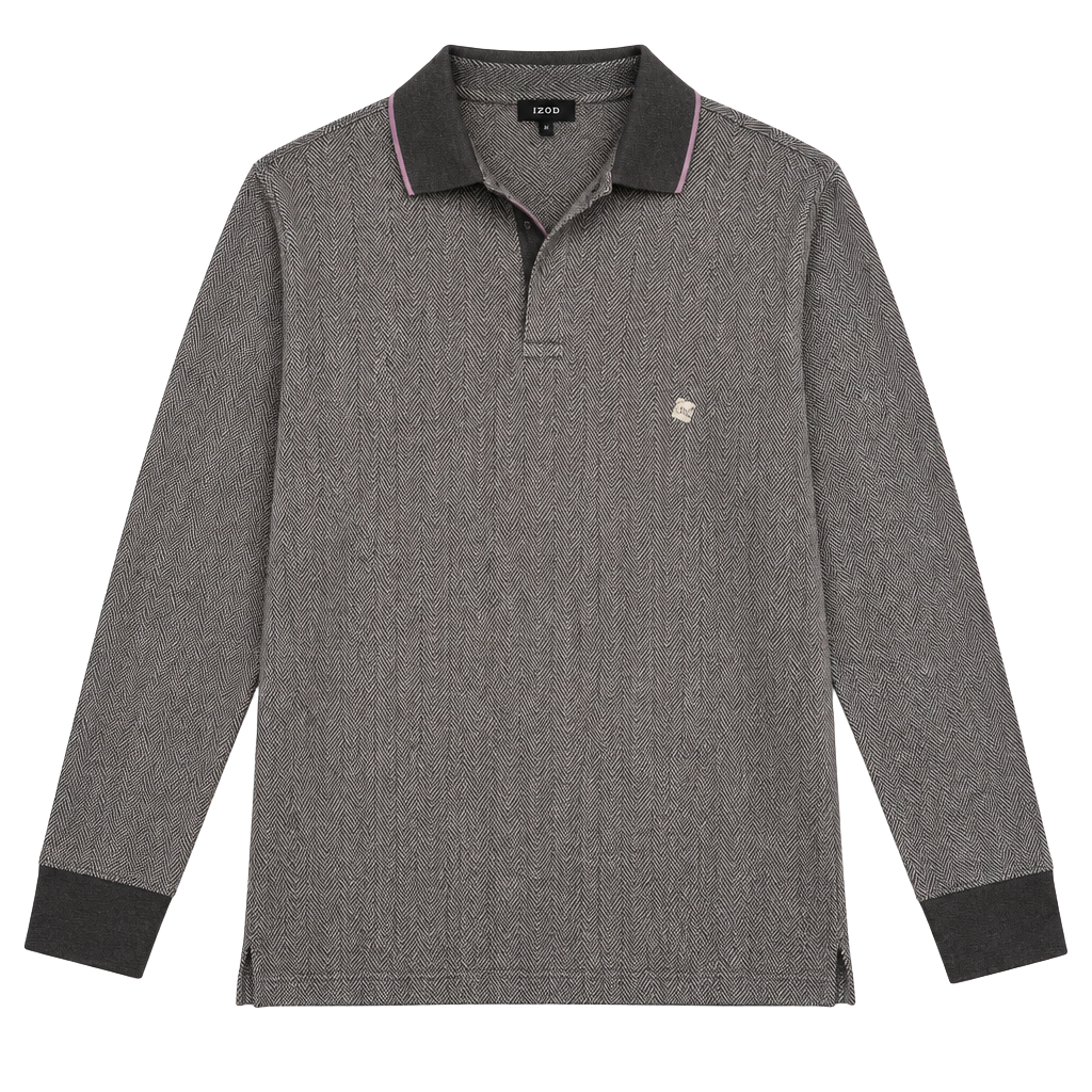 NWT Express Long Sleeve Polo Size S Gray Herringbone Cotton 1