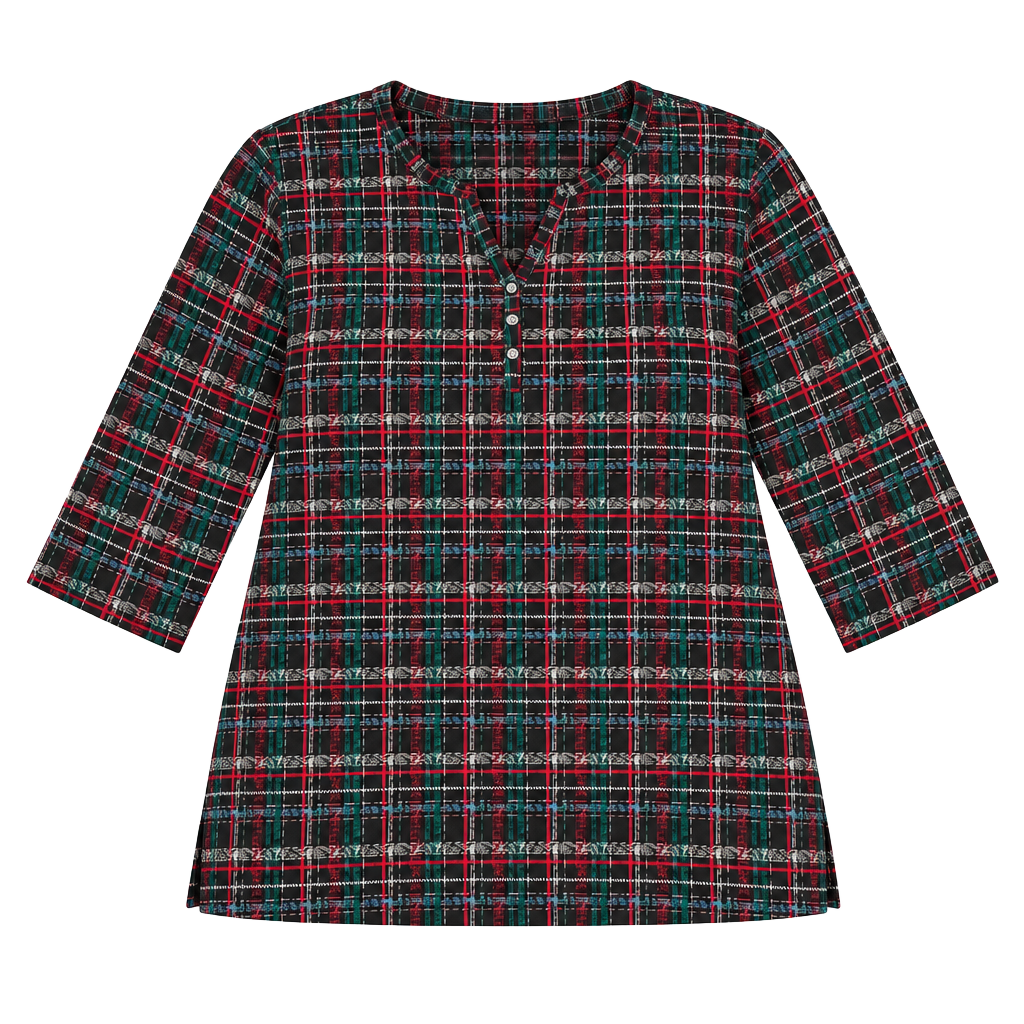 Karen Scott 3X Plaid Henley Top 3/4 Sleeve Cotton Blend NWT Black Multicolor 1