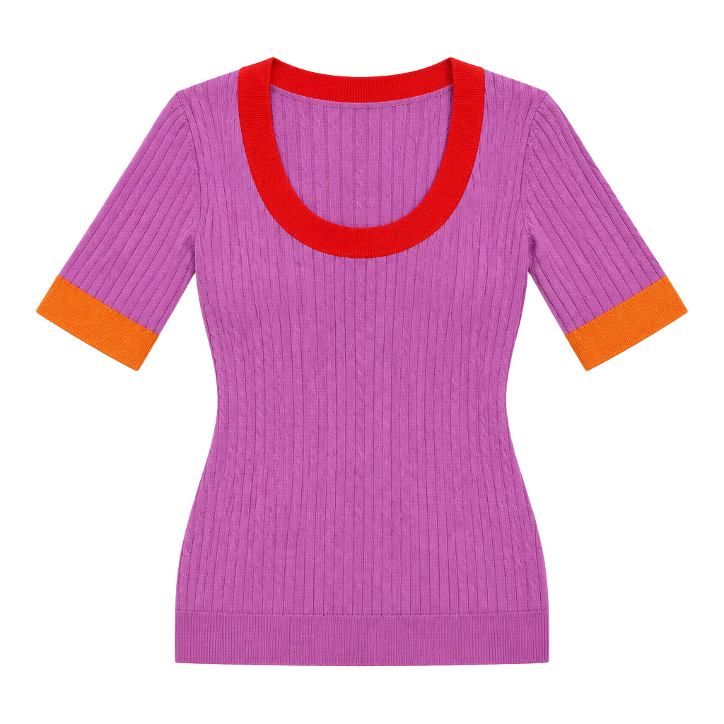 Ann Taylor Women’s M Purple Ribbed Knit Colorblock Scoop Neck Short Sleeve Top 1