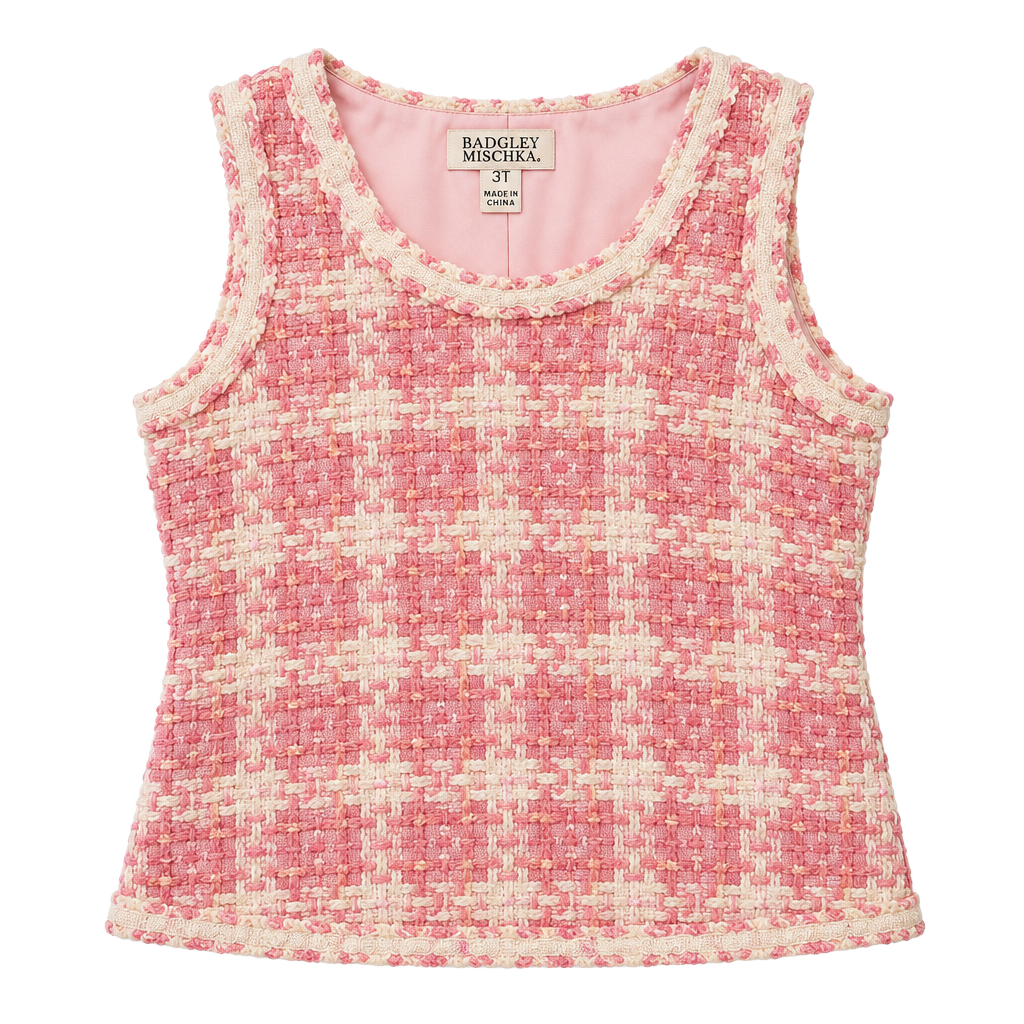 Badgley Mischka Pink Tweed Dress Size 3T Plaid Ruffle 1