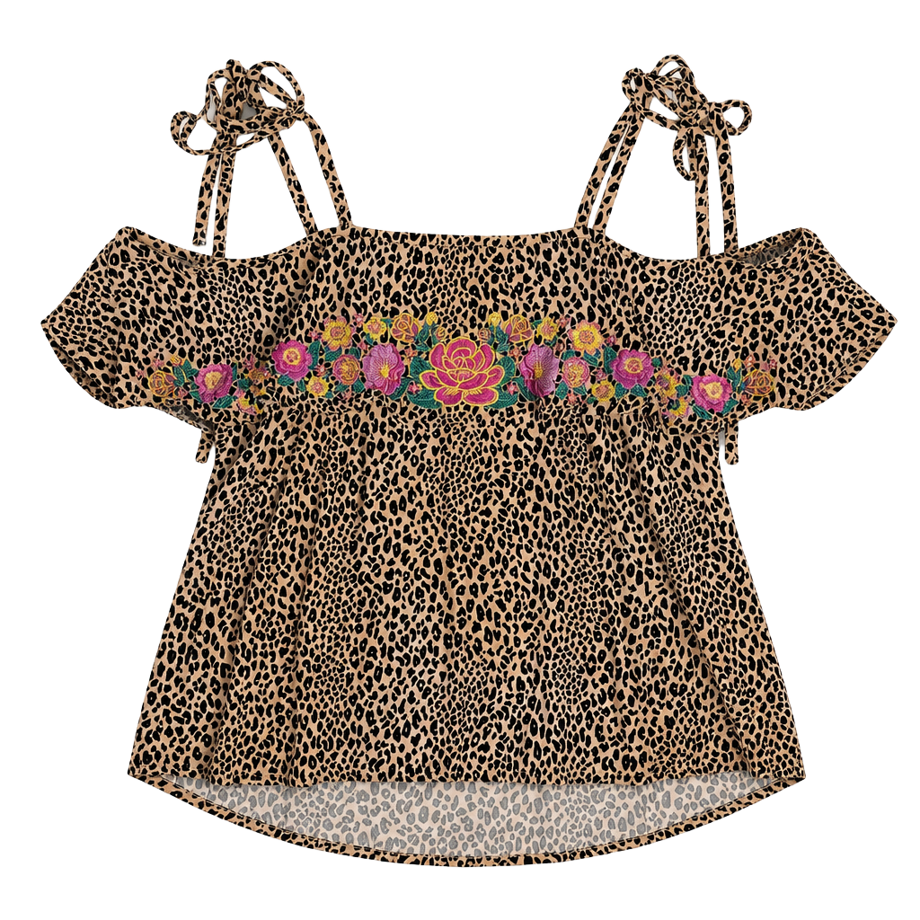 Savanna Jane Leopard Print Cold Shoulder Floral Embroidered Top 1
